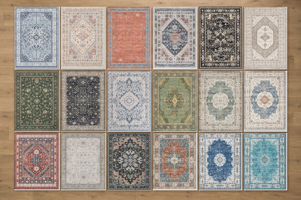 Les dix-huit tapis persans vintage Atelier Lazuli posés sur un parquet en chêne, vus de dessus