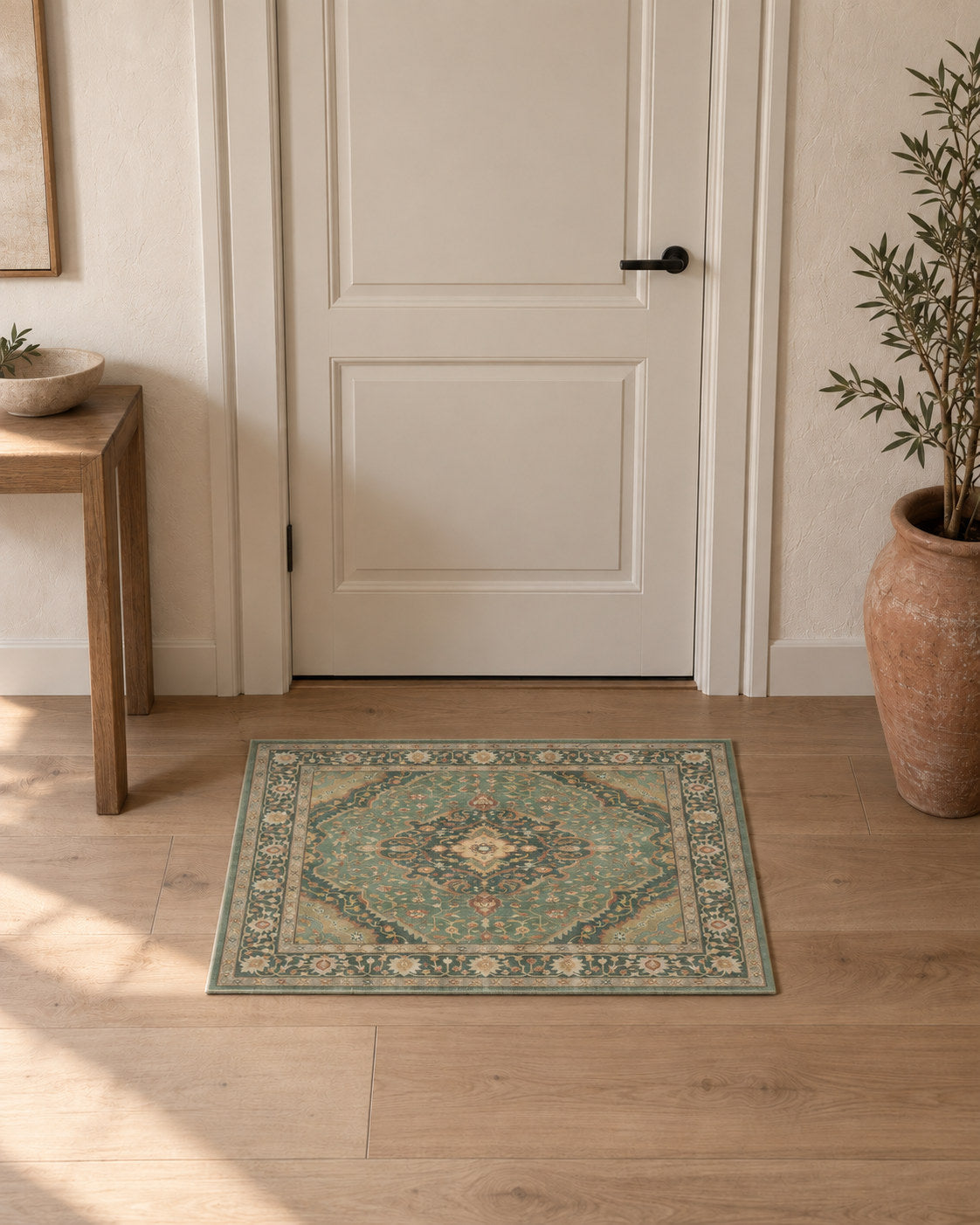 Tapis d'entrée persan vintage vert sauge, posé devant une porte