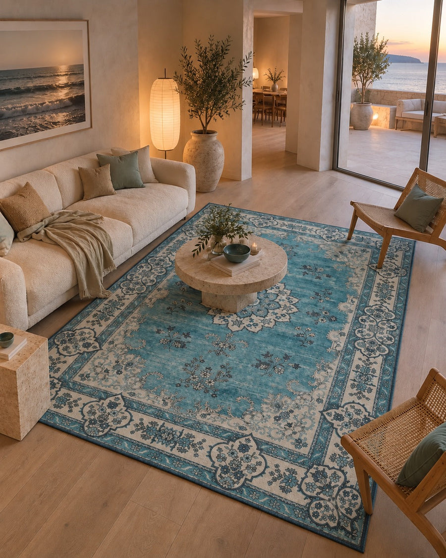Tapis persan vintage turquoise dans une maison littorale, vue d'ensemble