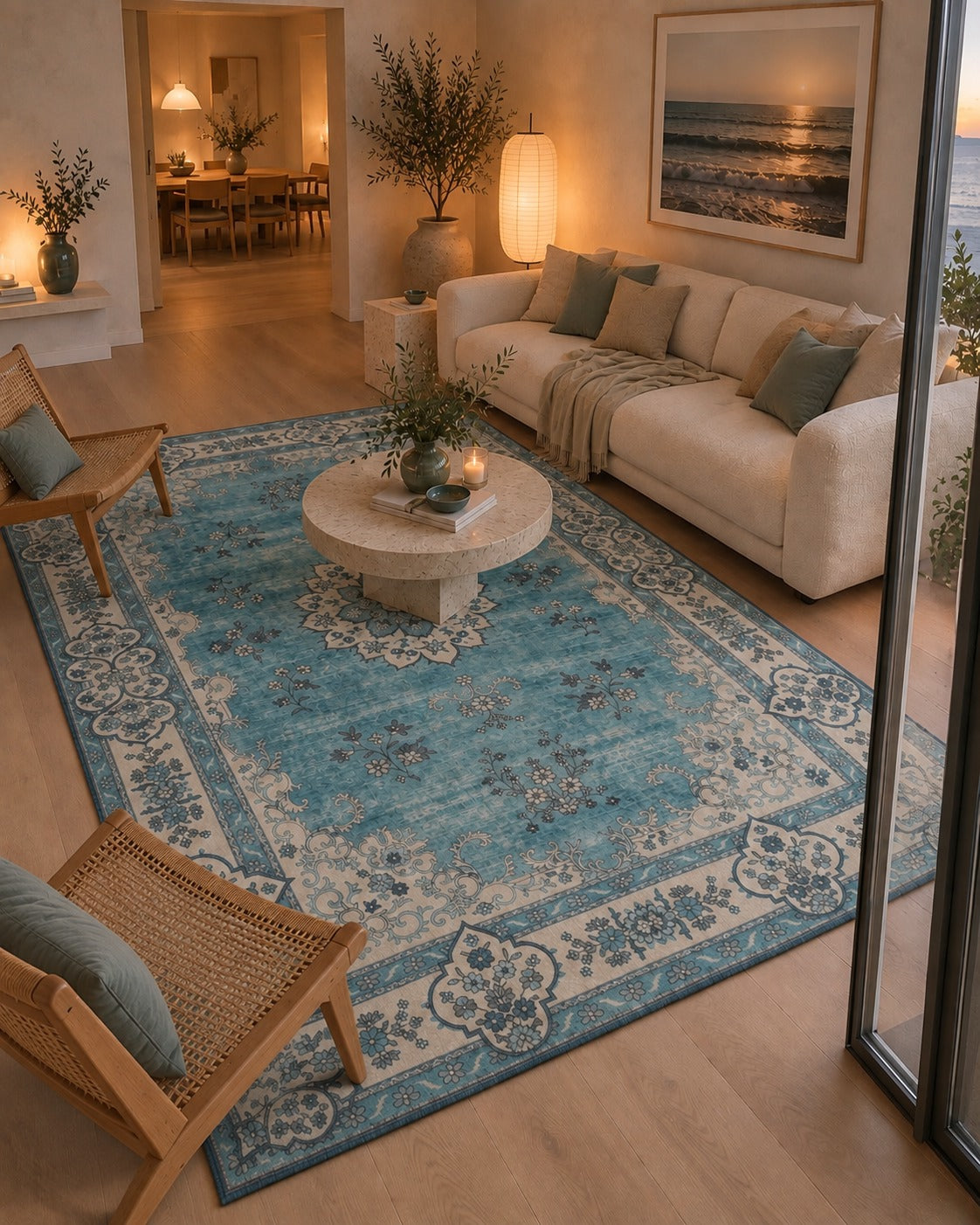 Tapis persan vintage turquoise, vue vers la mer