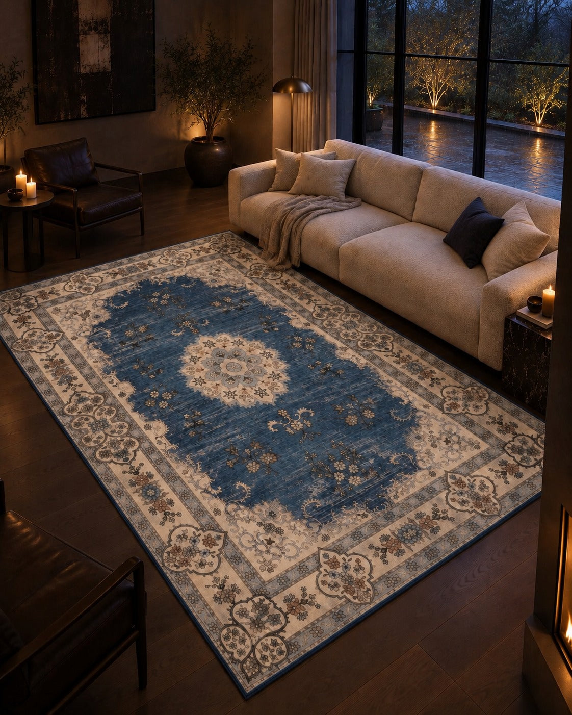 Tapis persan vintage bleu marine, vue depuis la cheminée