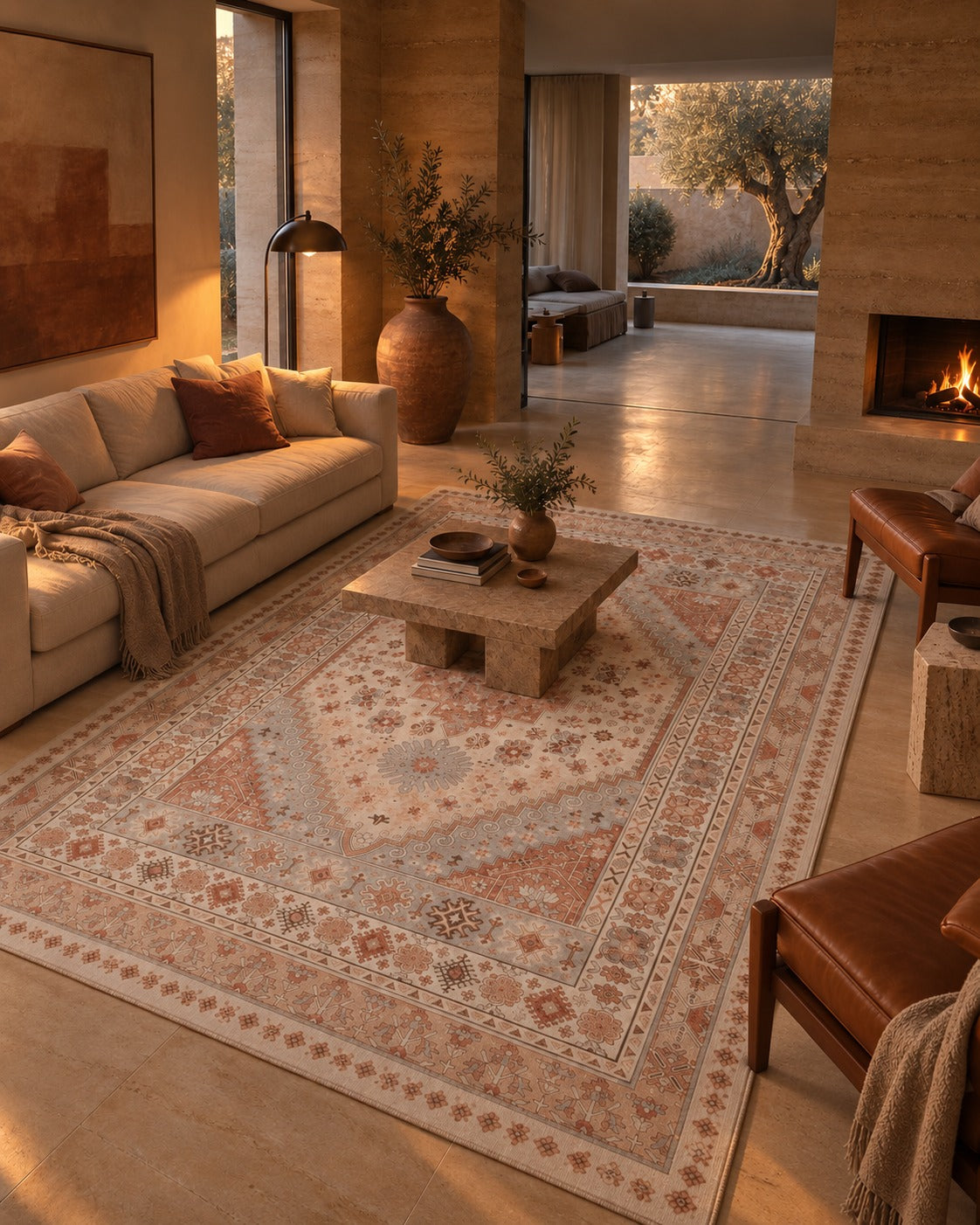 Tapis persan vintage beige et terracotta dans une maison en terre, vue d'ensemble