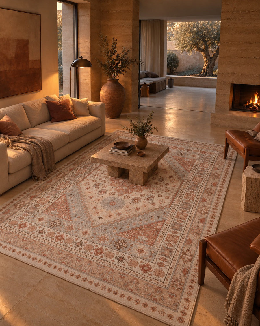 Tapis persan vintage beige et terracotta dans une maison en terre, vue d'ensemble