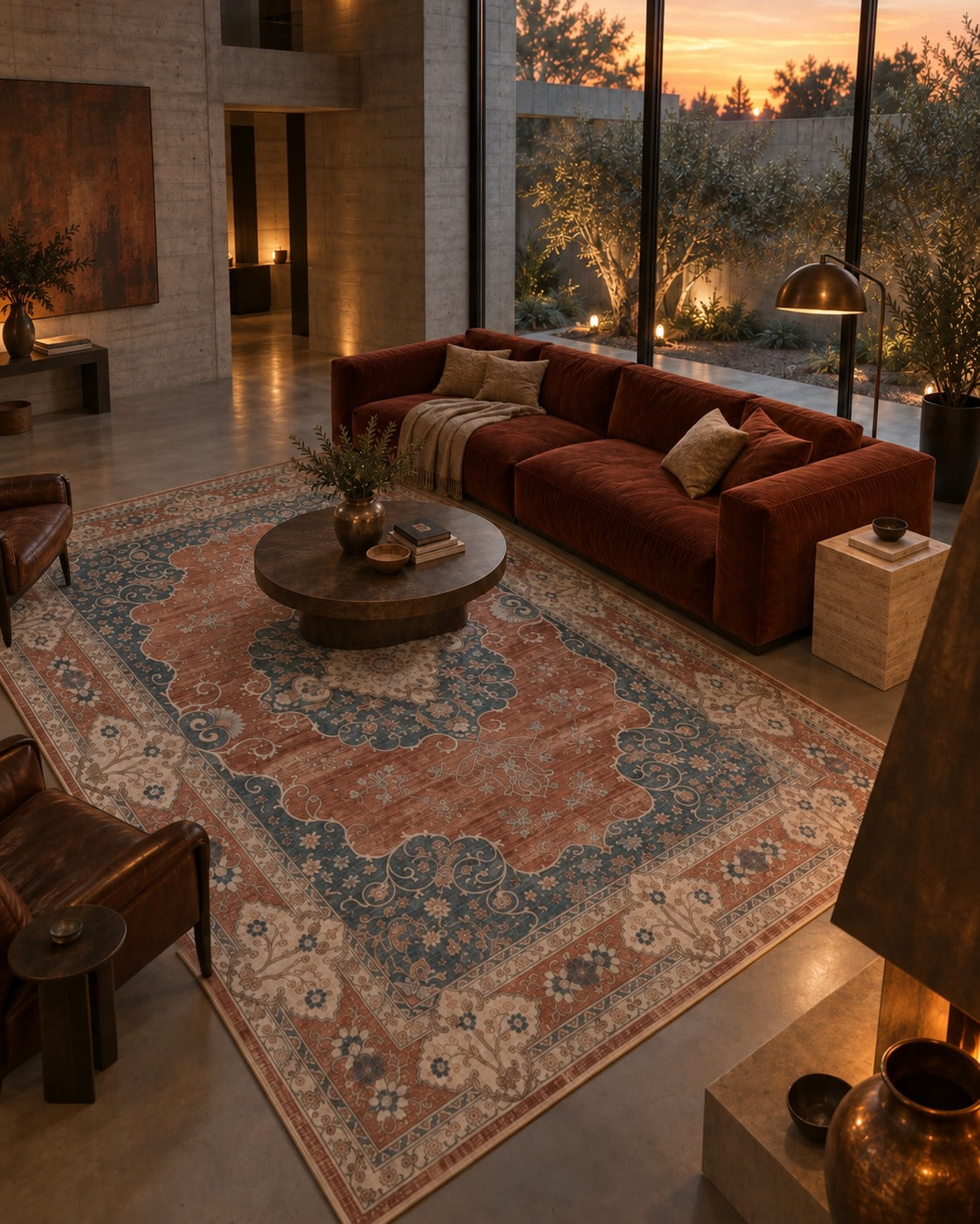 Tapis persan vintage terracotta, vue depuis la cheminée