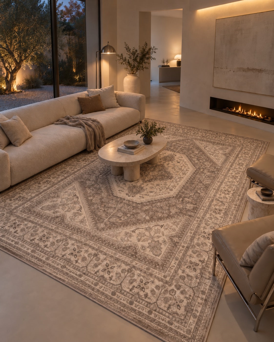Tapis persan vintage beige et gris dans une maison galerie, vue d'ensemble