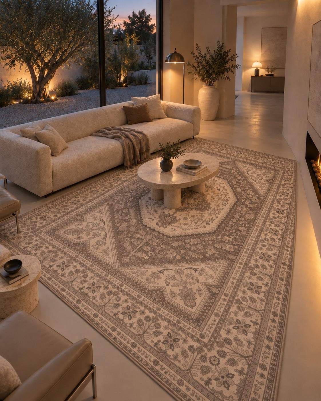 Tapis persan vintage beige et gris, vue depuis la cheminée