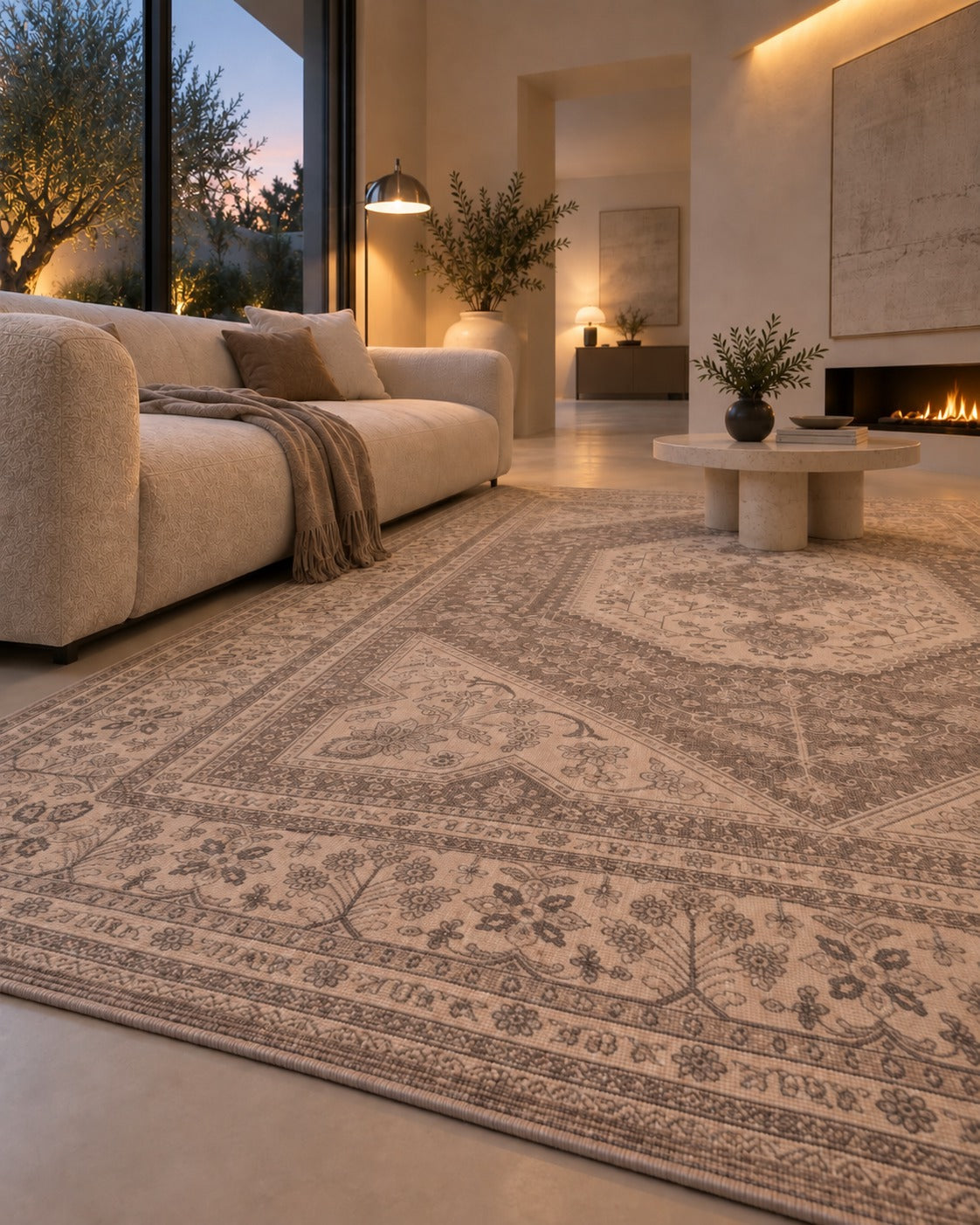 Tapis persan vintage beige et gris, bordure vue au ras du sol