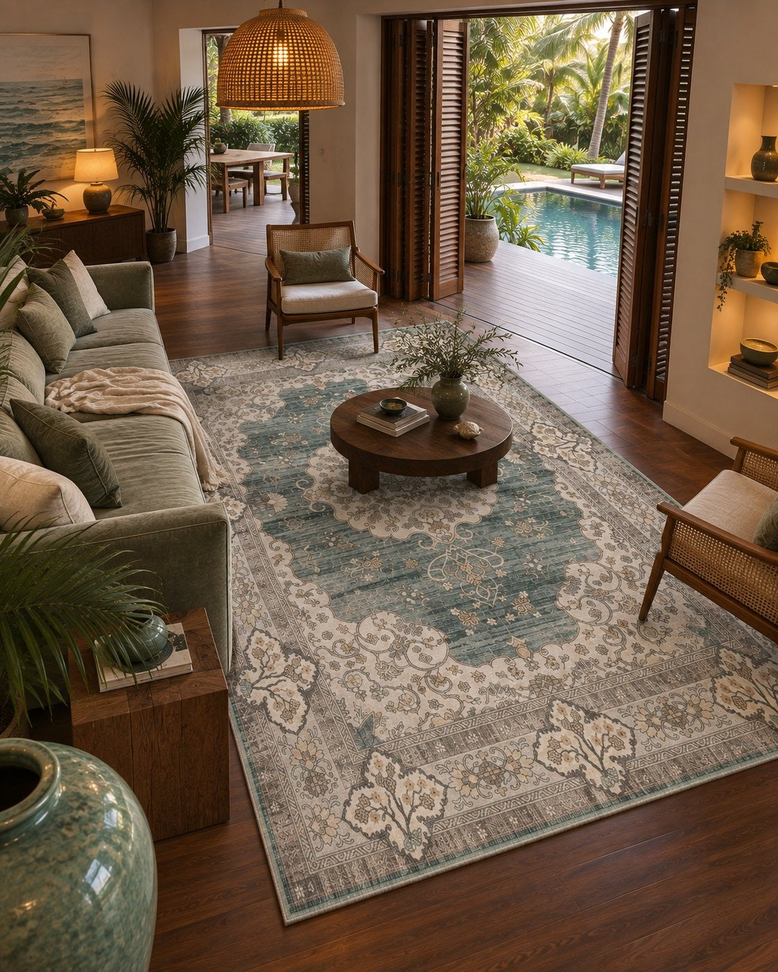 Tapis persan vintage vert d'eau, vue vers la terrasse