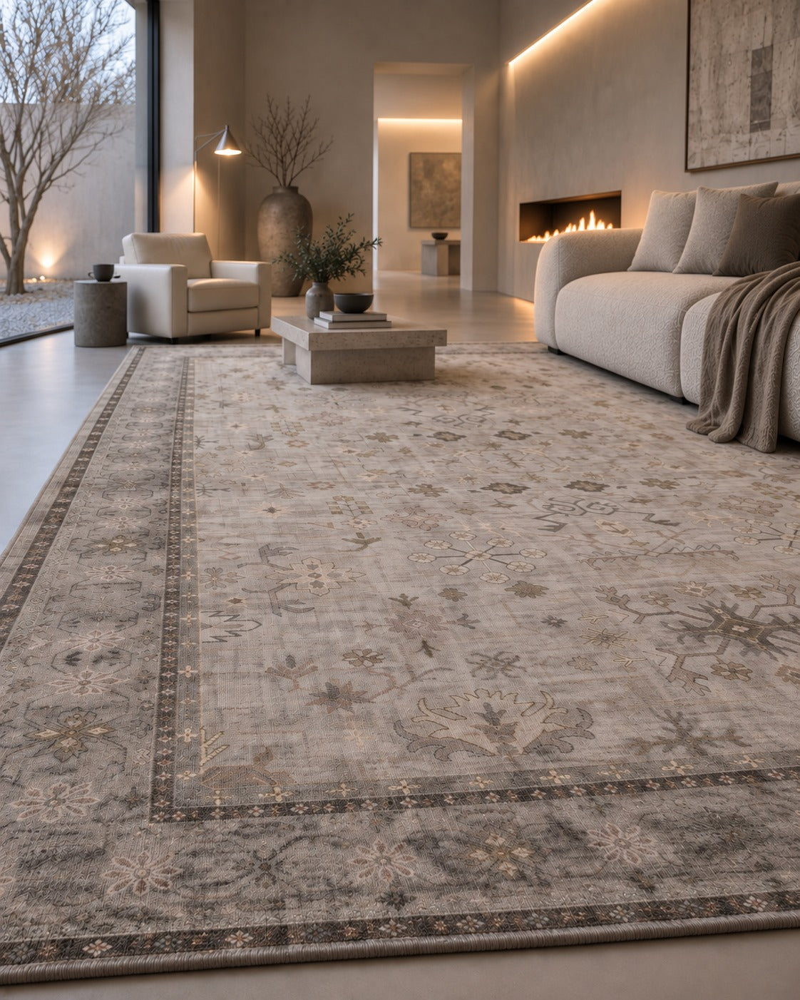 Tapis persan vintage gris clair, bordure vue au ras du sol