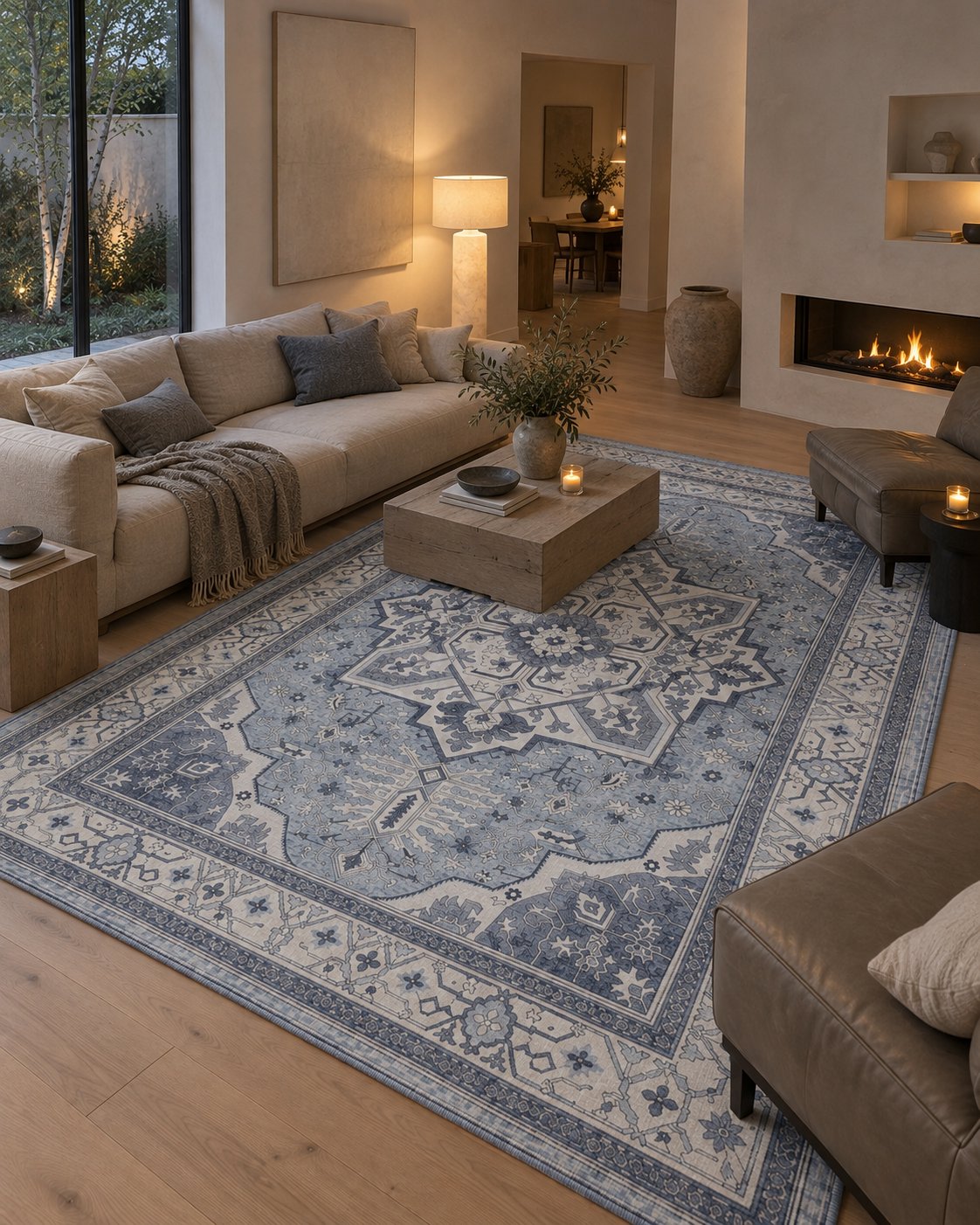 Tapis persan vintage bleu dans un salon minimaliste, vue d'ensemble