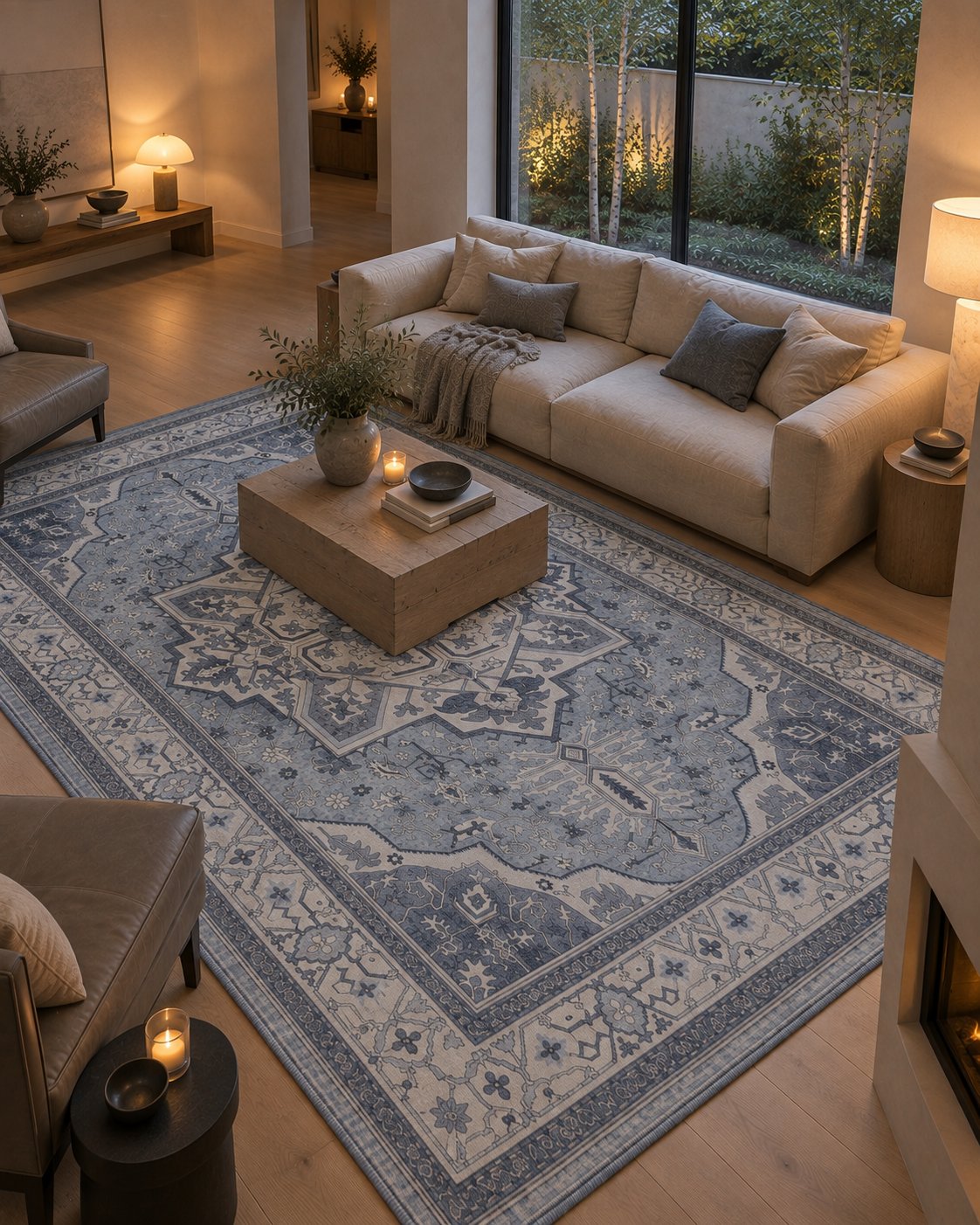 Tapis persan vintage bleu, vue depuis la cheminée