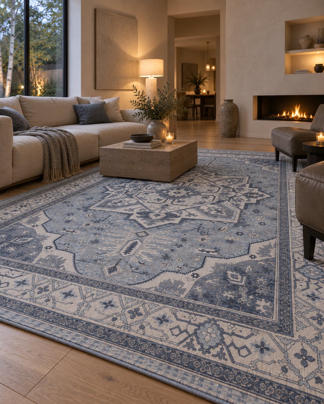 Tapis persan vintage bleu, bordure vue au ras du sol