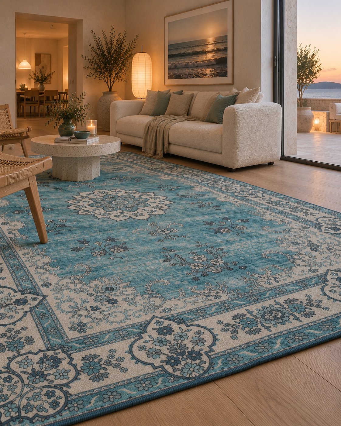 Tapis persan vintage turquoise, bordure vue au ras du sol