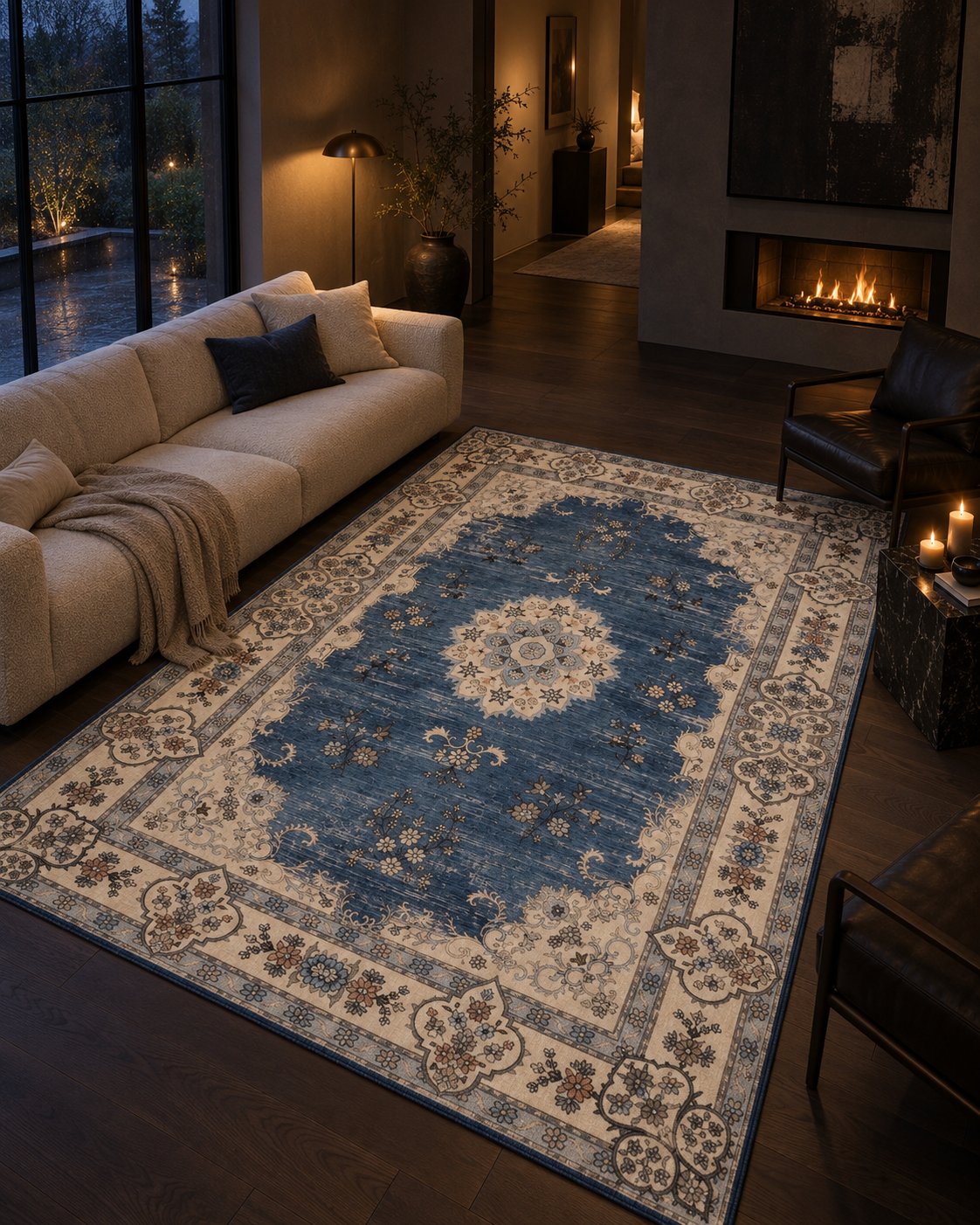 Tapis persan vintage bleu marine dans un salon sombre, vue d'ensemble