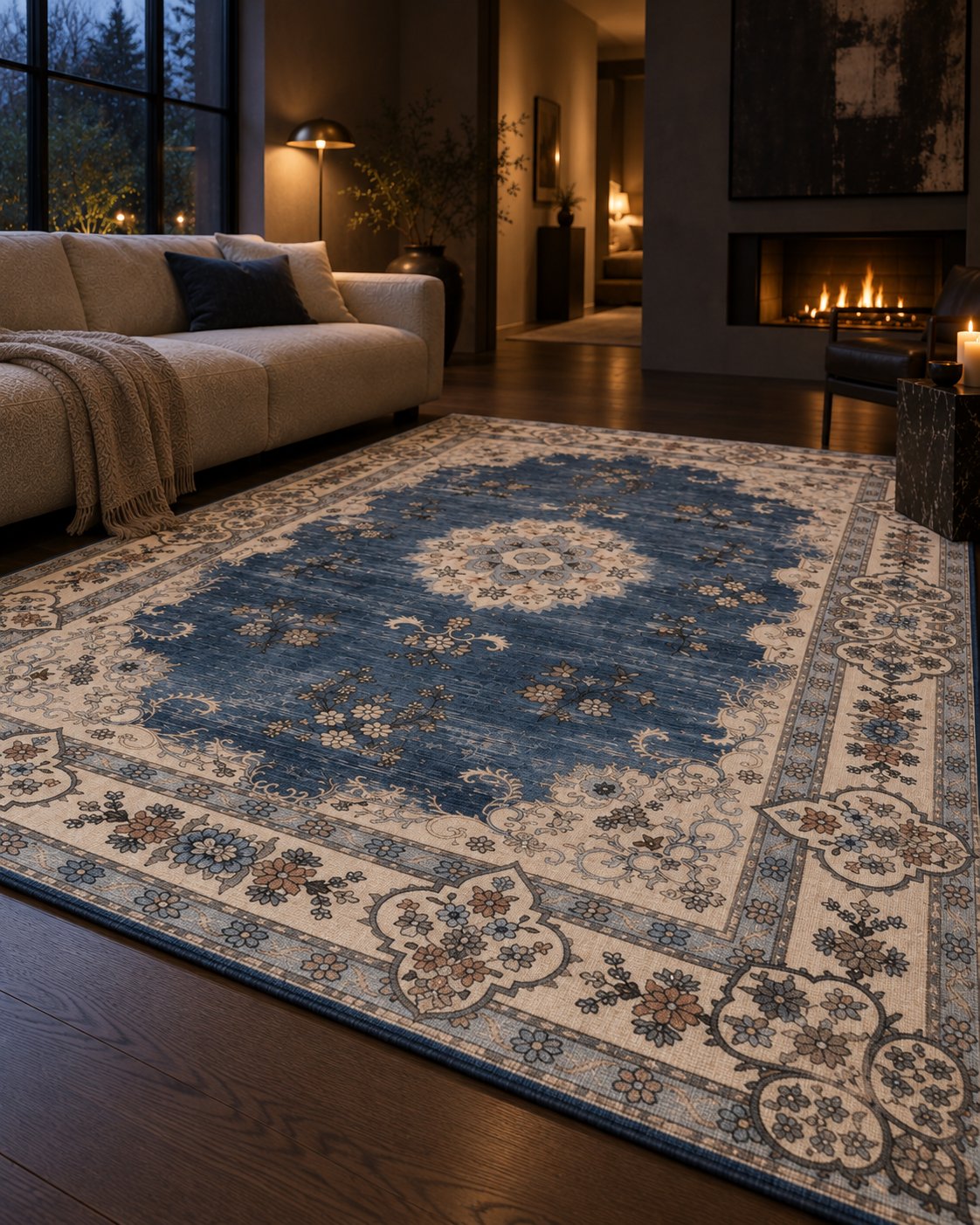 Tapis persan vintage bleu marine, bordure vue au ras du sol