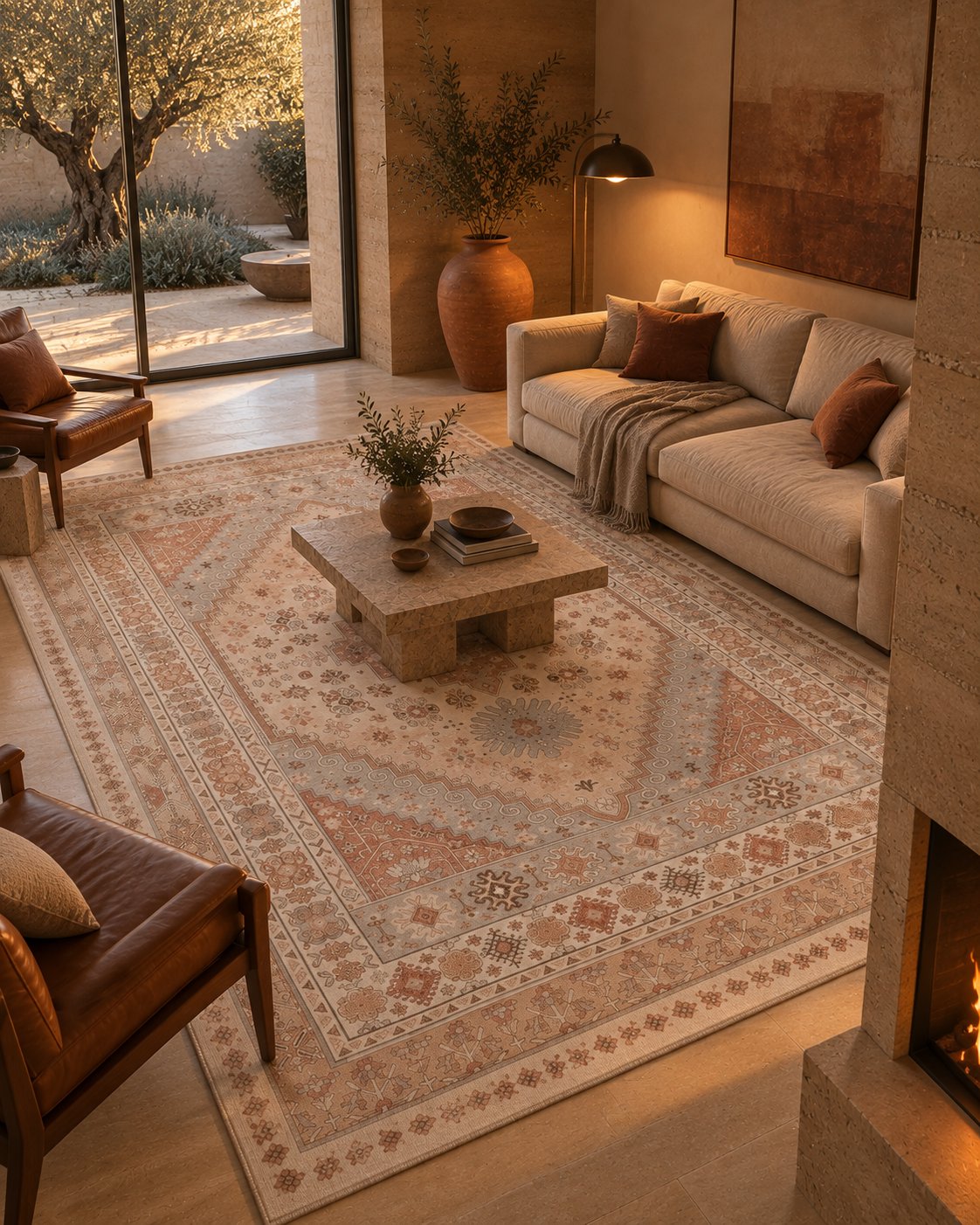 Tapis persan vintage beige et terracotta, vue vers la cour
