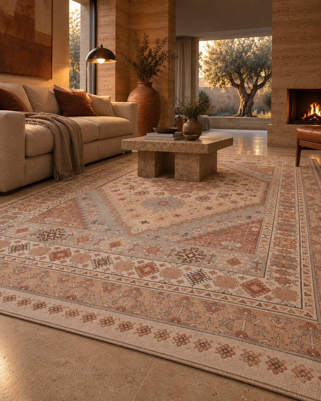 Tapis persan vintage beige et terracotta, bordure vue au ras du sol