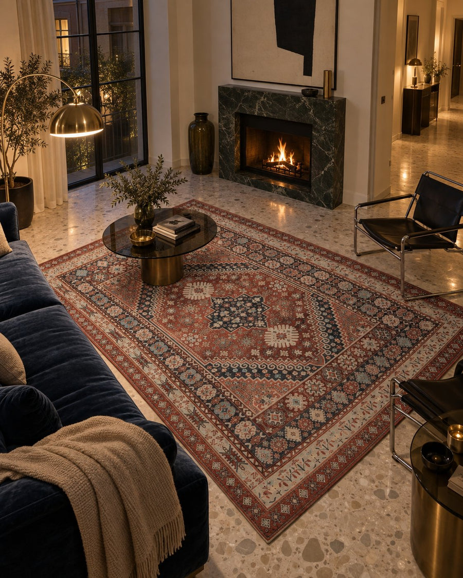 Tapis persan vintage rouge dans un appartement milanais, vue d'ensemble