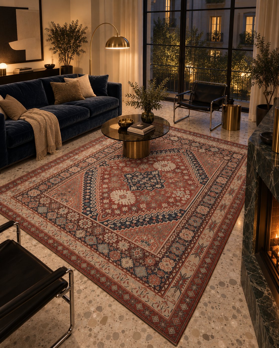 Tapis persan vintage rouge, vue depuis la cheminée