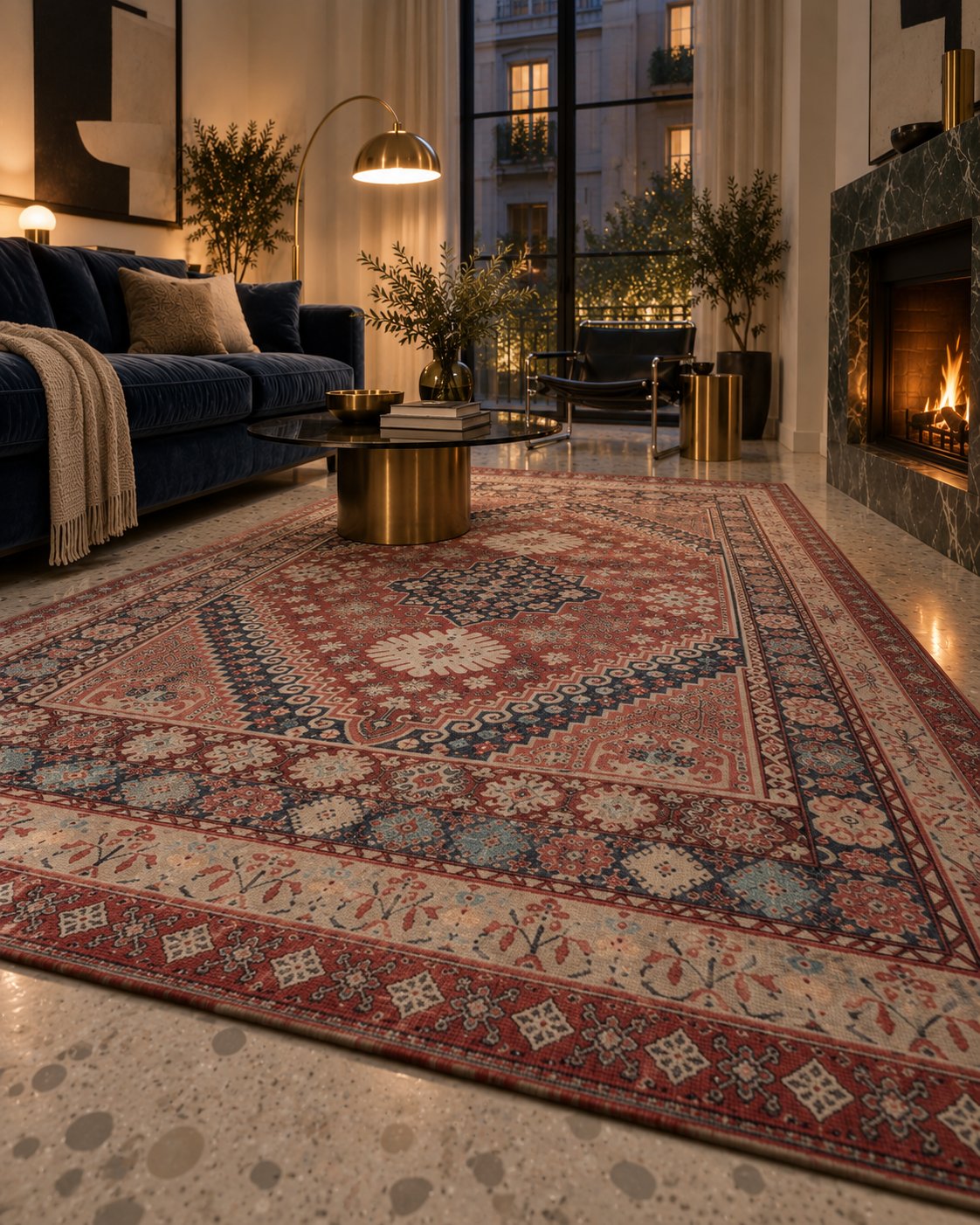Tapis persan vintage rouge, bordure vue au ras du sol