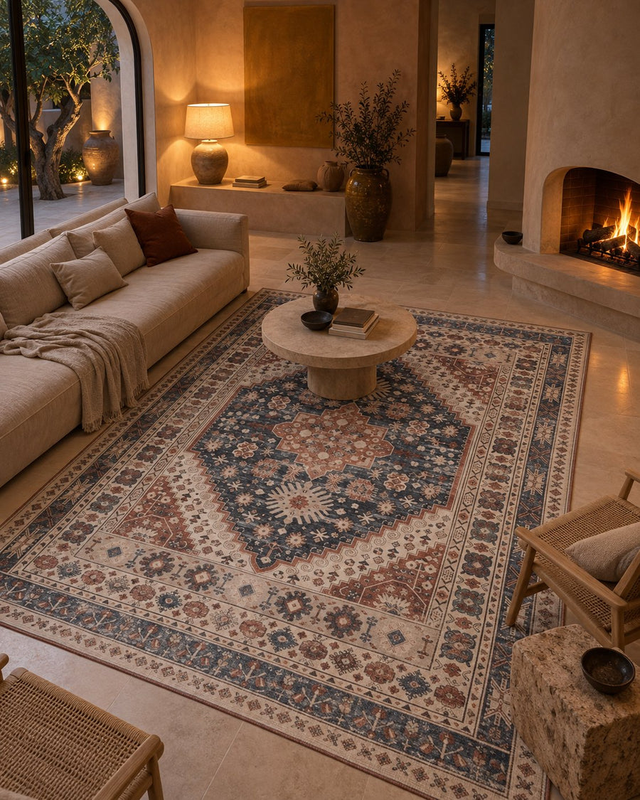 Tapis persan vintage bleu et terracotta dans une maison méditerranéenne, vue d'ensemble