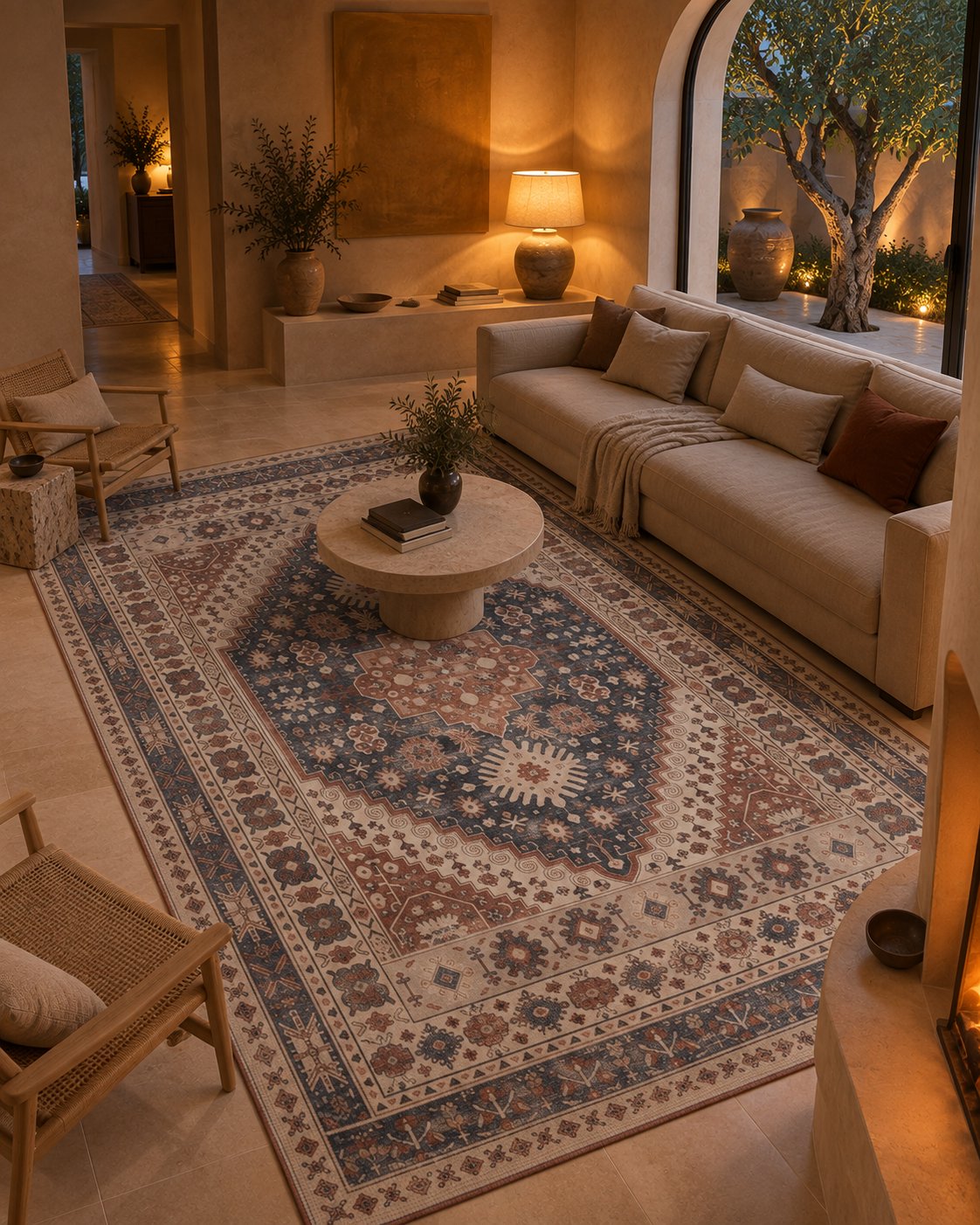Tapis persan vintage bleu et terracotta, vue vers la cour