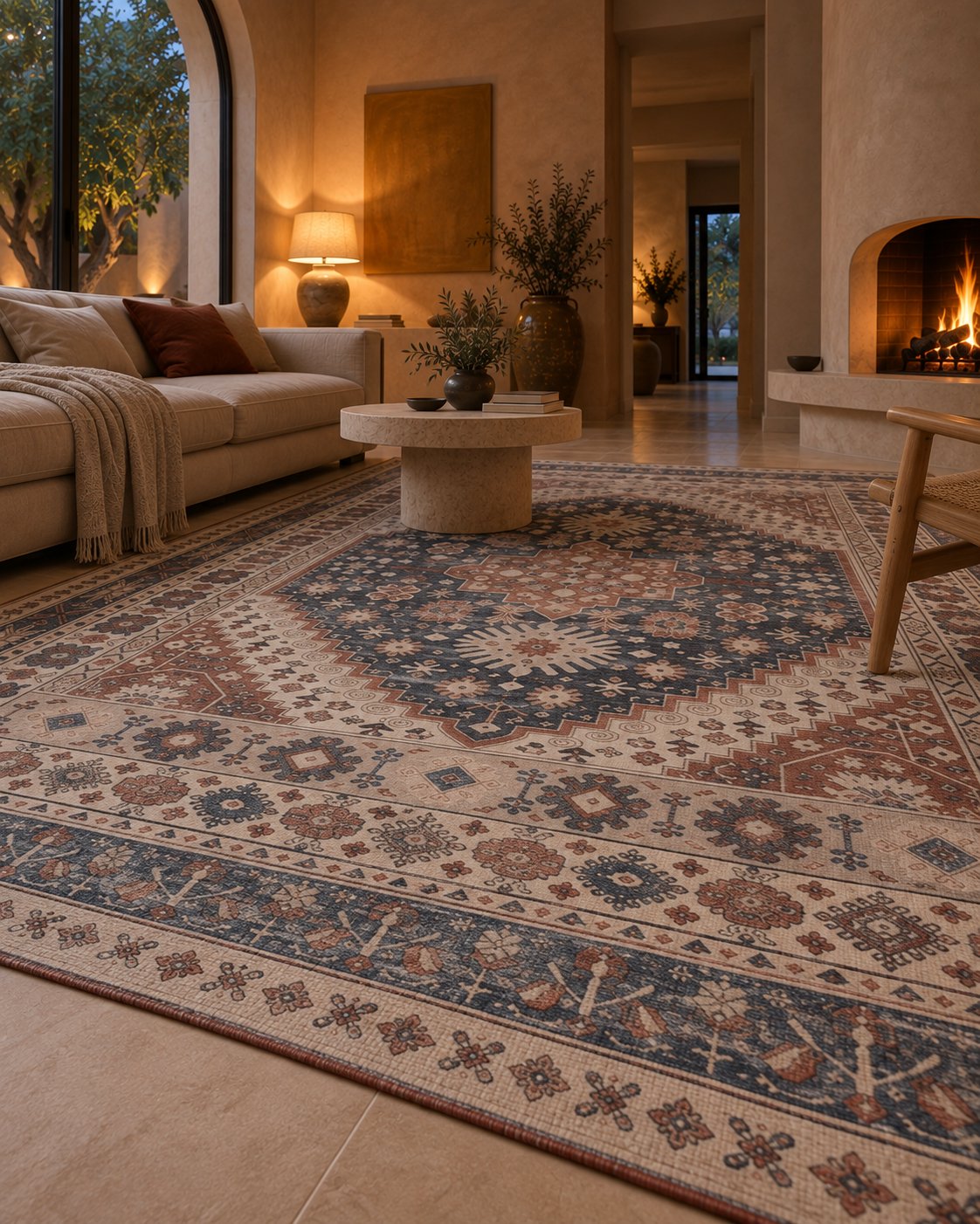 Tapis persan vintage bleu et terracotta, bordure vue au ras du sol