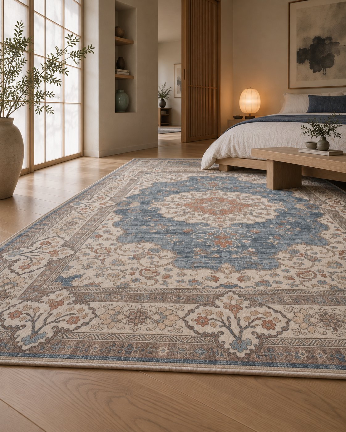 Tapis persan vintage bleu ciel, bordure vue au ras du sol