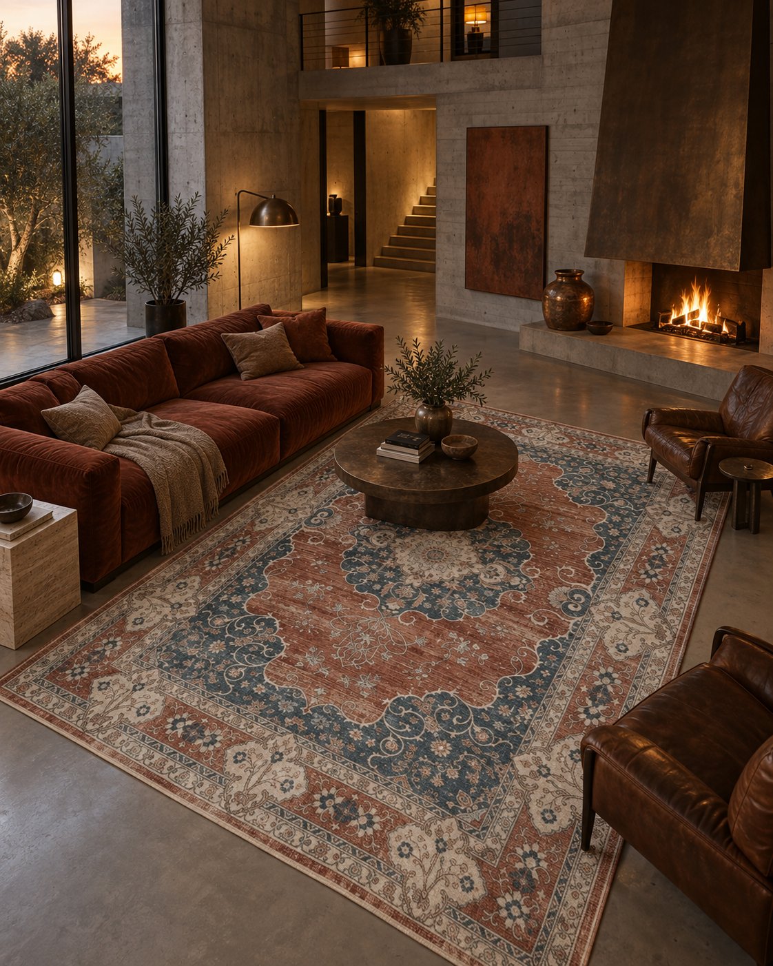 Tapis persan vintage terracotta dans une maison en béton, vue d'ensemble