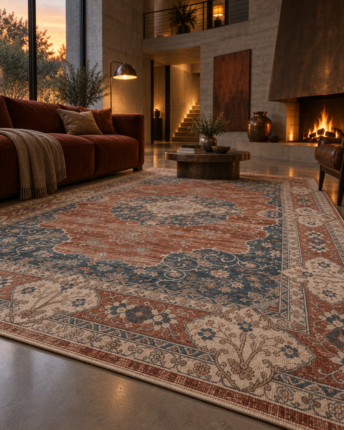 Tapis persan vintage terracotta, bordure vue au ras du sol