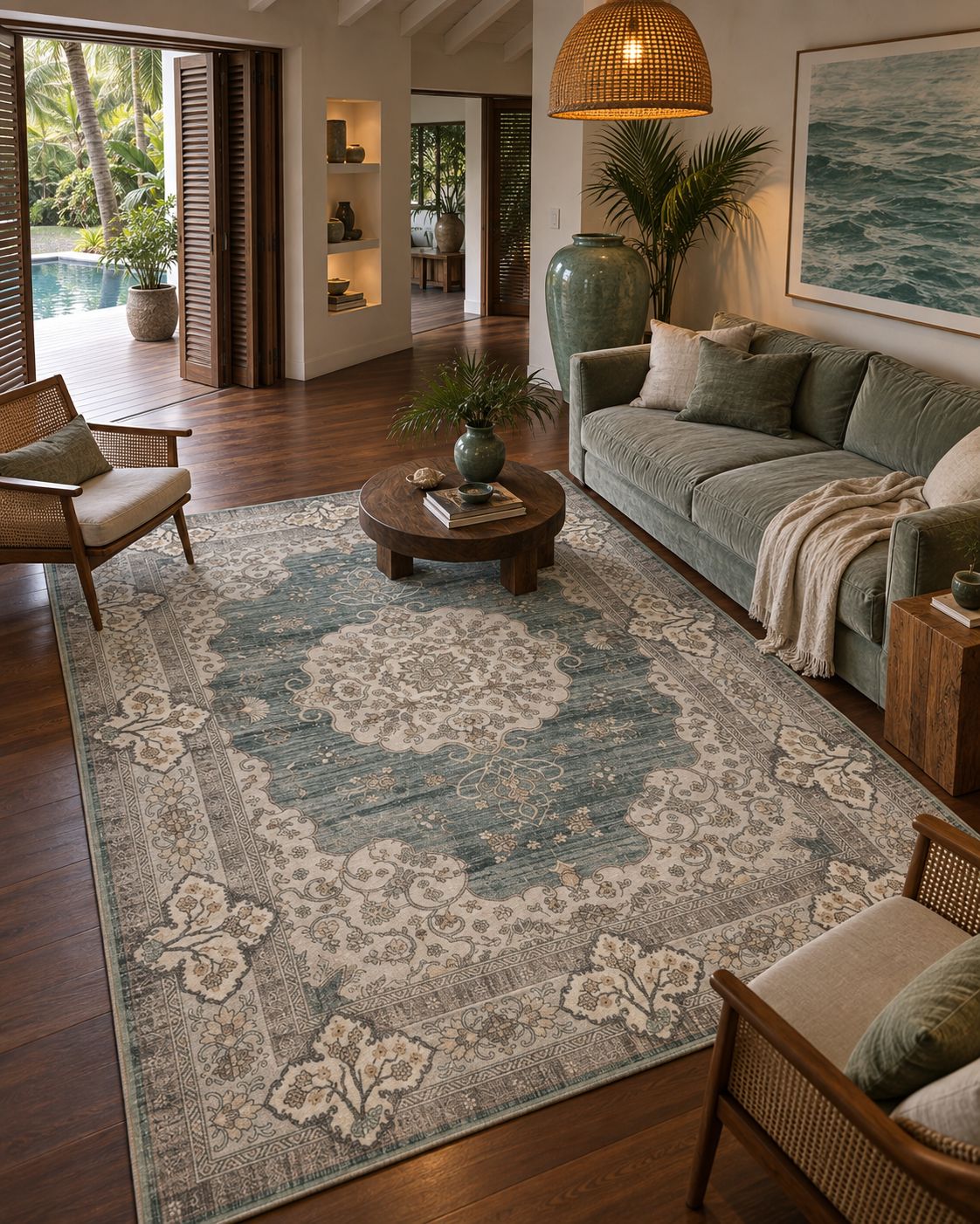 Tapis persan vintage vert d'eau dans une villa tropicale, vue d'ensemble