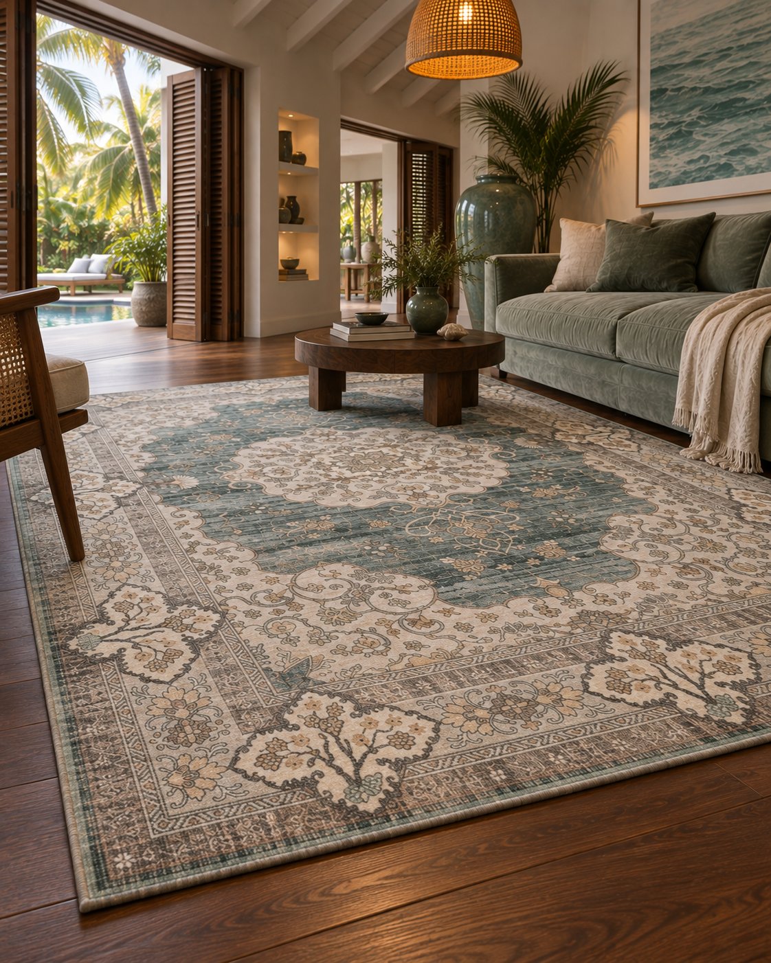Tapis persan vintage vert d'eau, bordure vue au ras du sol