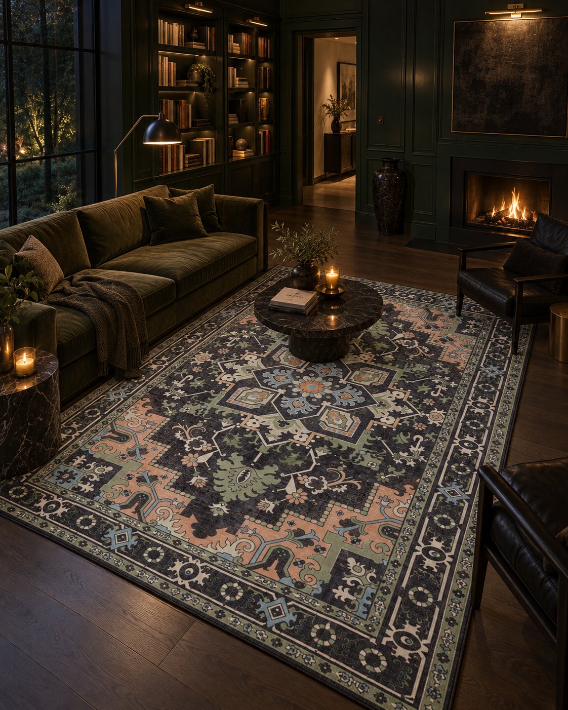 Tapis persan vintage noir dans un bureau vert laqué, vue d'ensemble