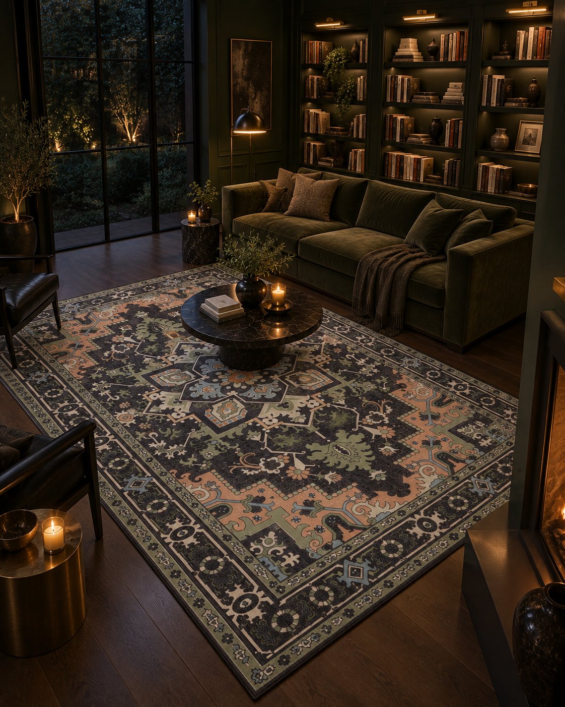Tapis persan vintage noir, vue vers la bibliothèque