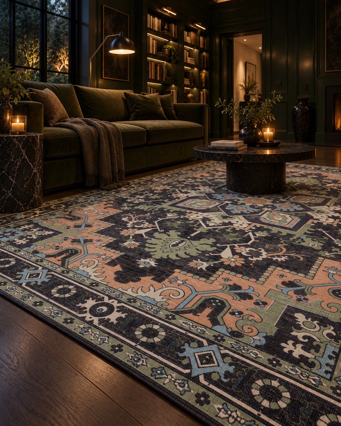 Tapis persan vintage noir, bordure vue au ras du sol