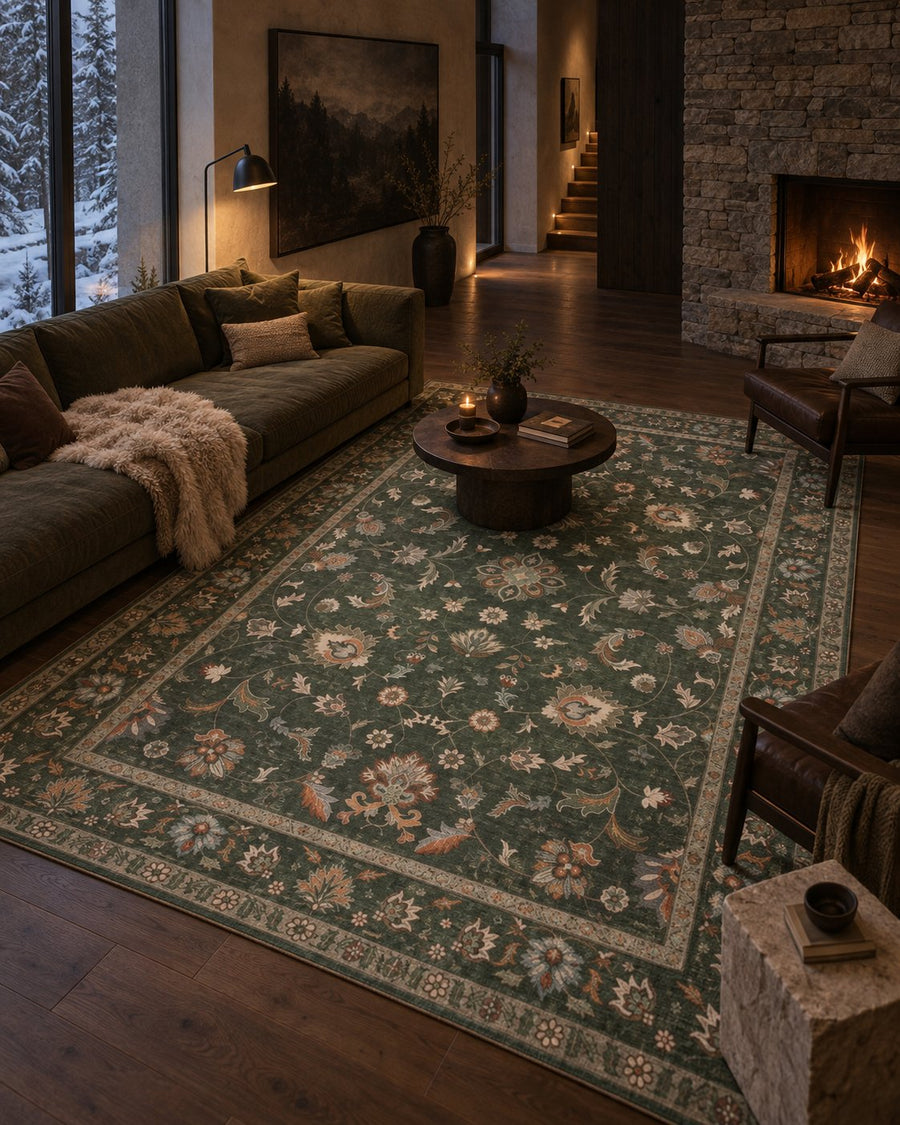 Tapis persan vintage vert olive dans une maison alpine, vue d'ensemble
