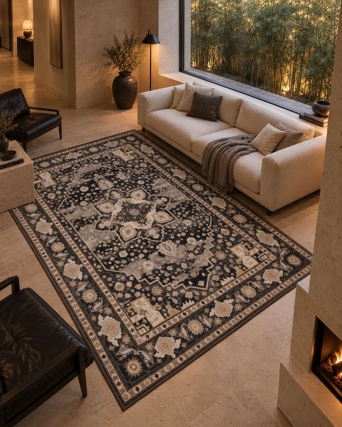 Tapis persan vintage anthracite, vue depuis la cheminée