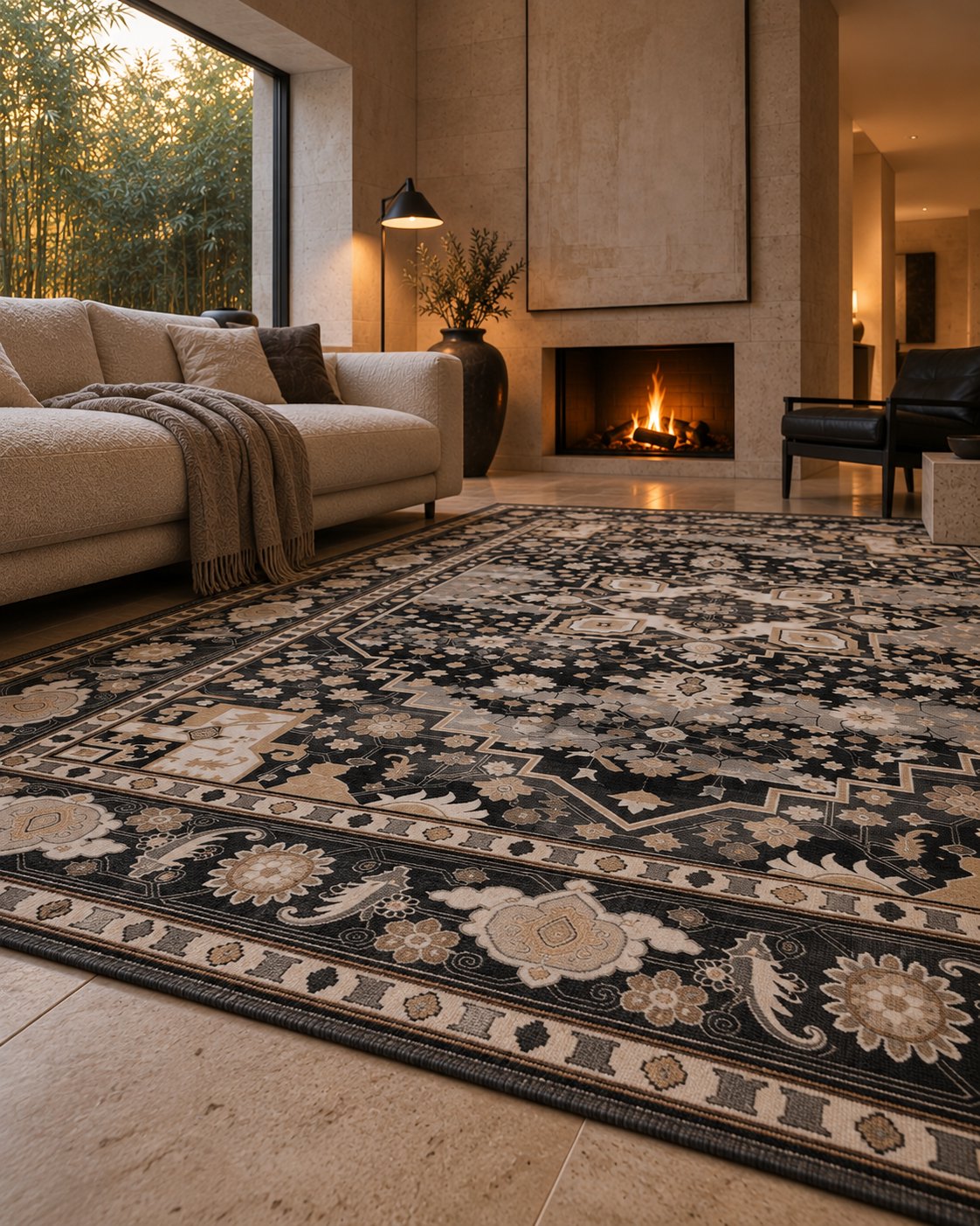 Tapis persan vintage anthracite, bordure vue au ras du sol
