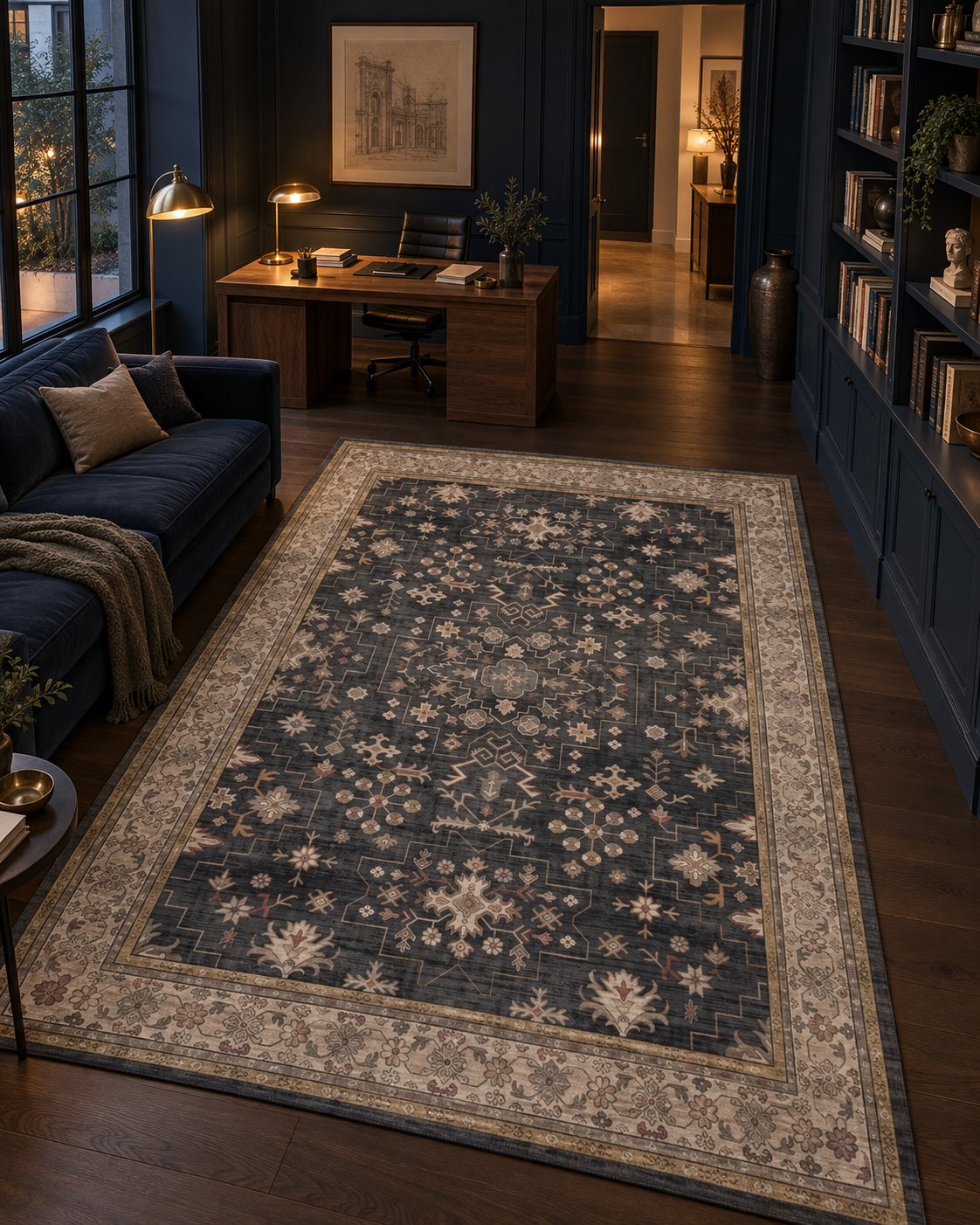 Tapis persan vintage bleu nuit dans une bibliothèque, vue d'ensemble