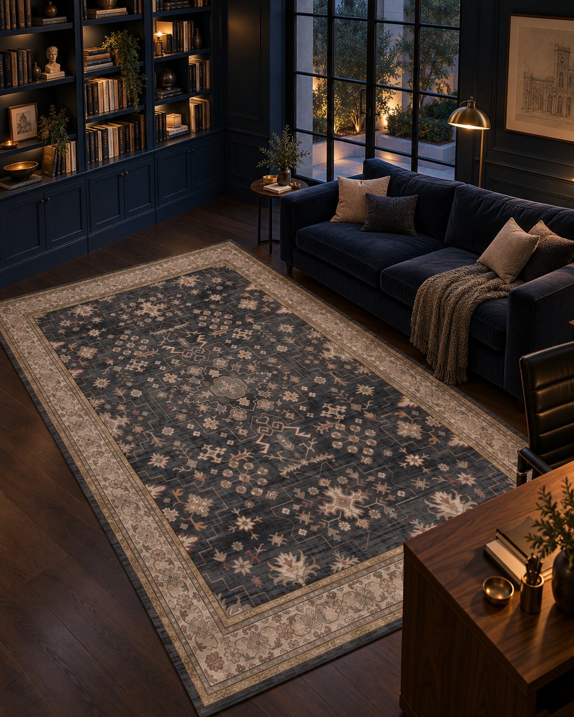 Tapis persan vintage bleu nuit, vue vers les rayonnages