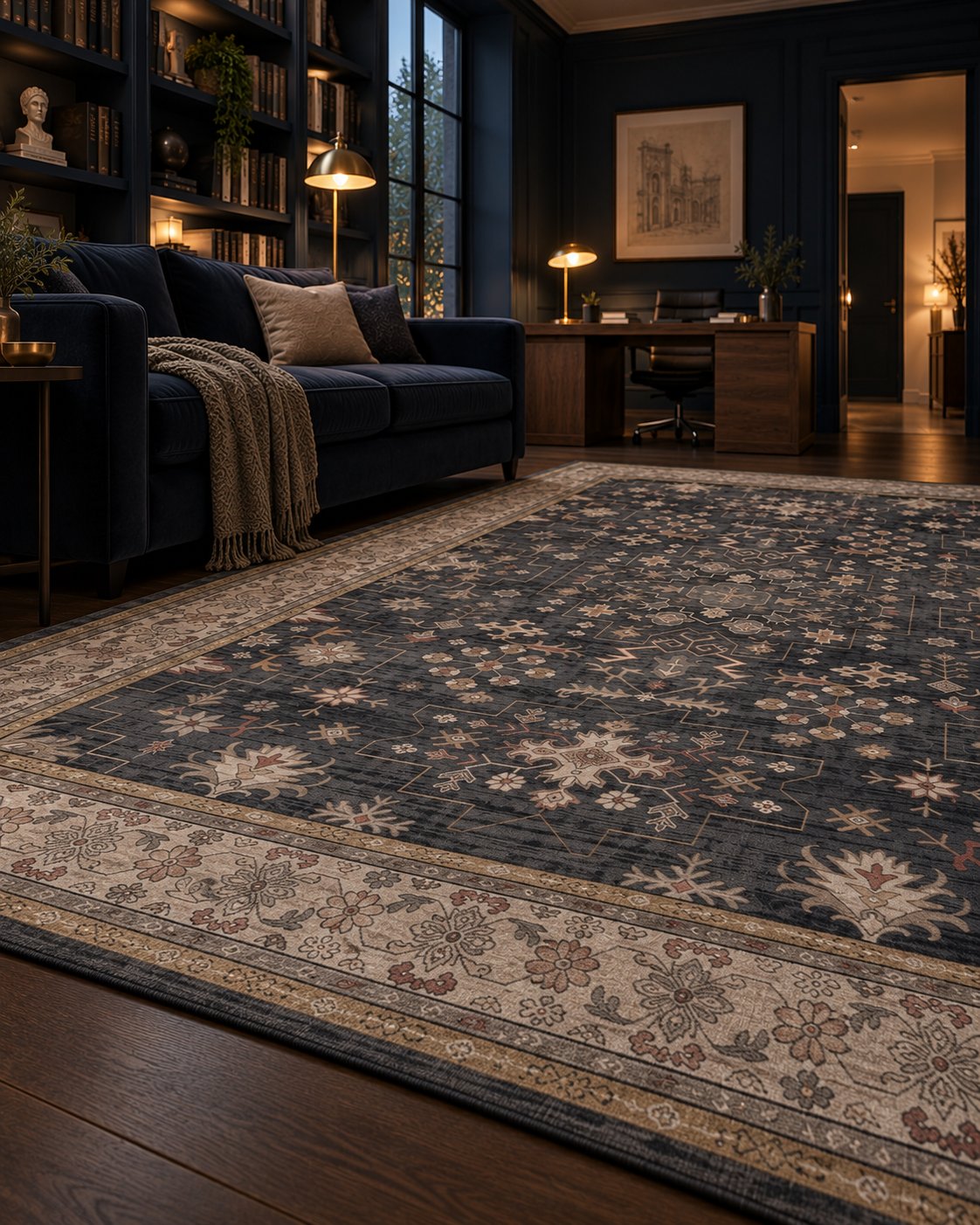 Tapis persan vintage bleu nuit, bordure vue au ras du sol