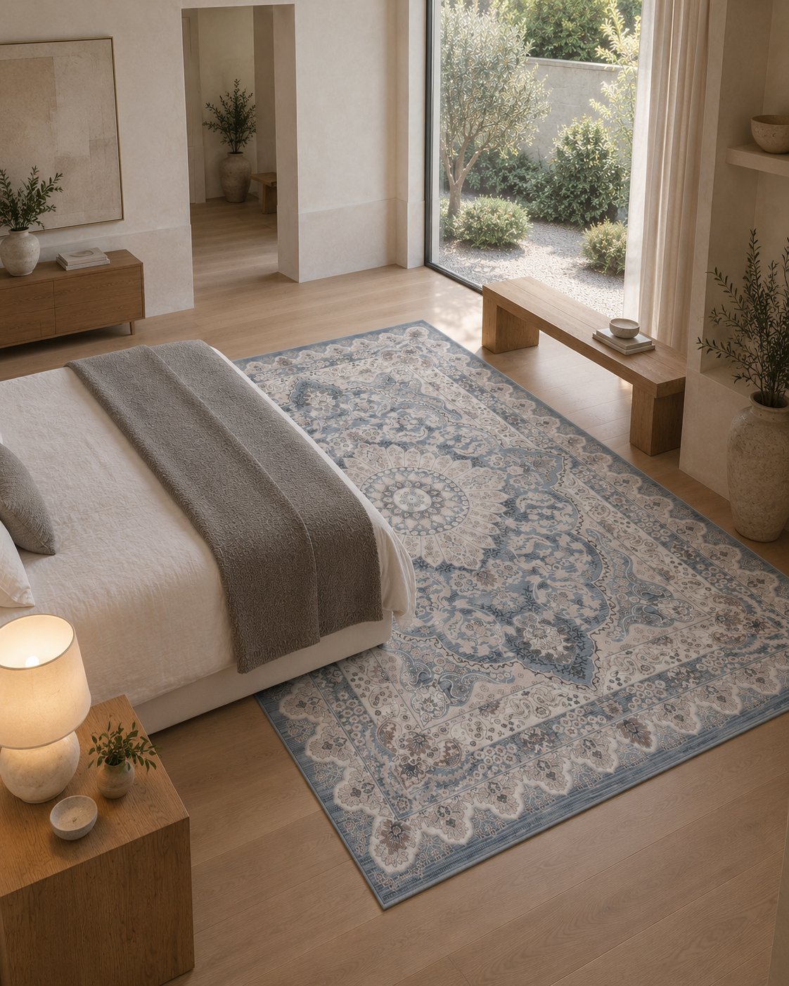 Tapis persan vintage bleu gris, vue depuis le fond de la chambre