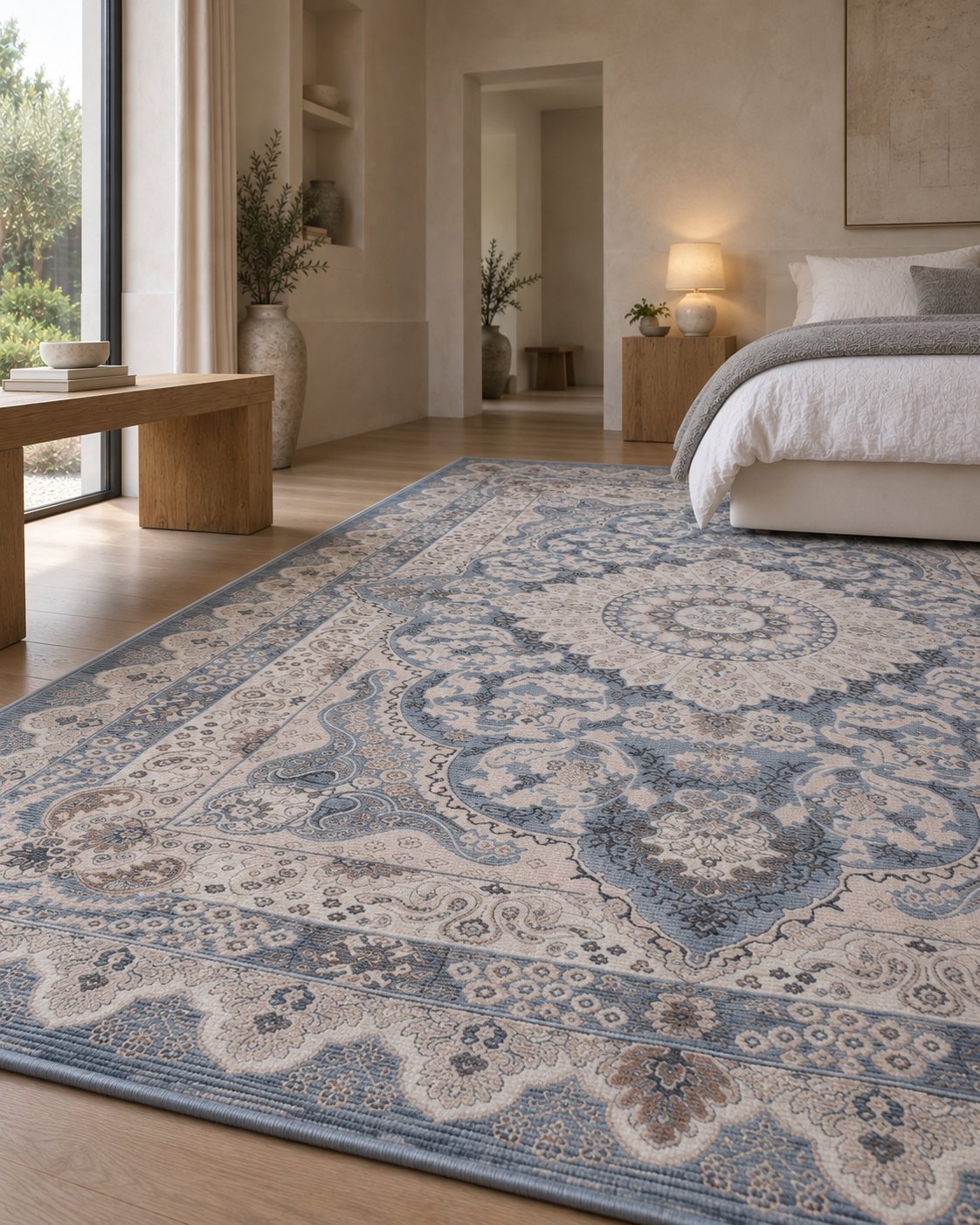 Tapis persan vintage bleu gris, bordure vue au ras du sol