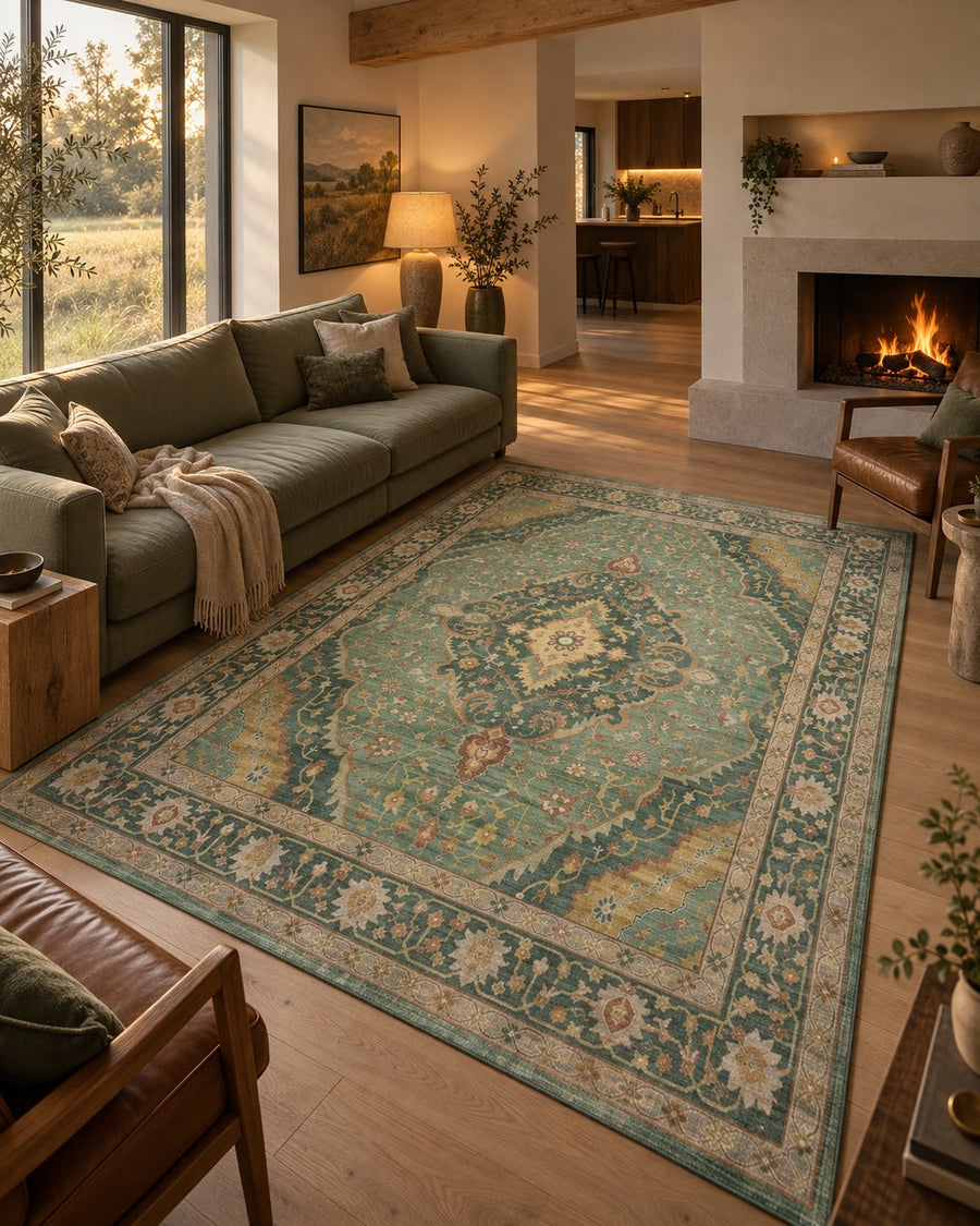Tapis persan vintage vert sauge dans une maison rurale moderne, vue d'ensemble