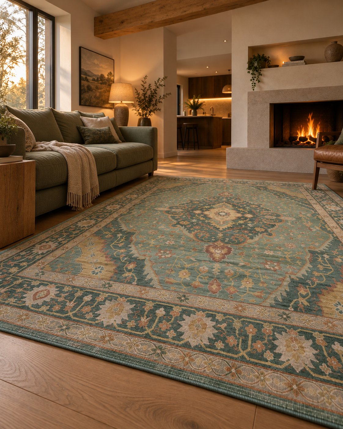 Tapis persan vintage vert sauge, bordure vue au ras du sol