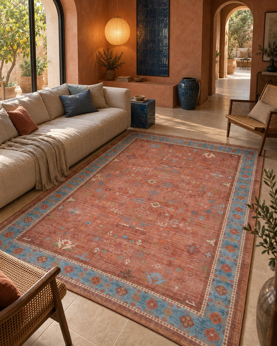 Tapis persan vintage corail dans une maison méditerranéenne, vue d'ensemble