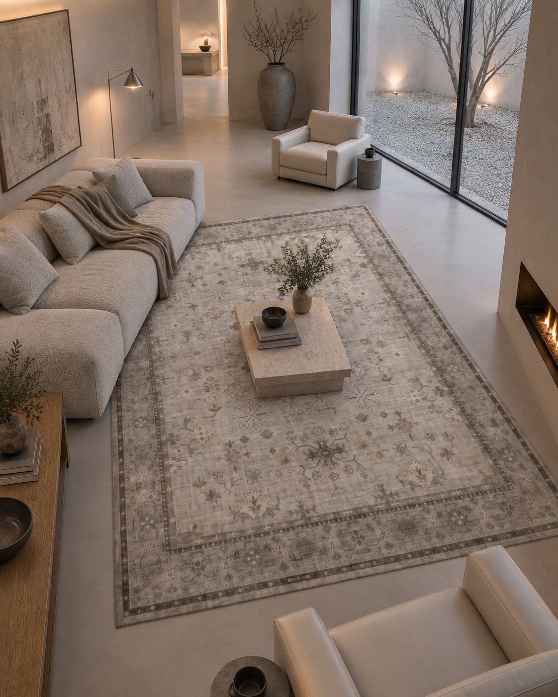 Tapis persan vintage gris clair, vue vers la cour