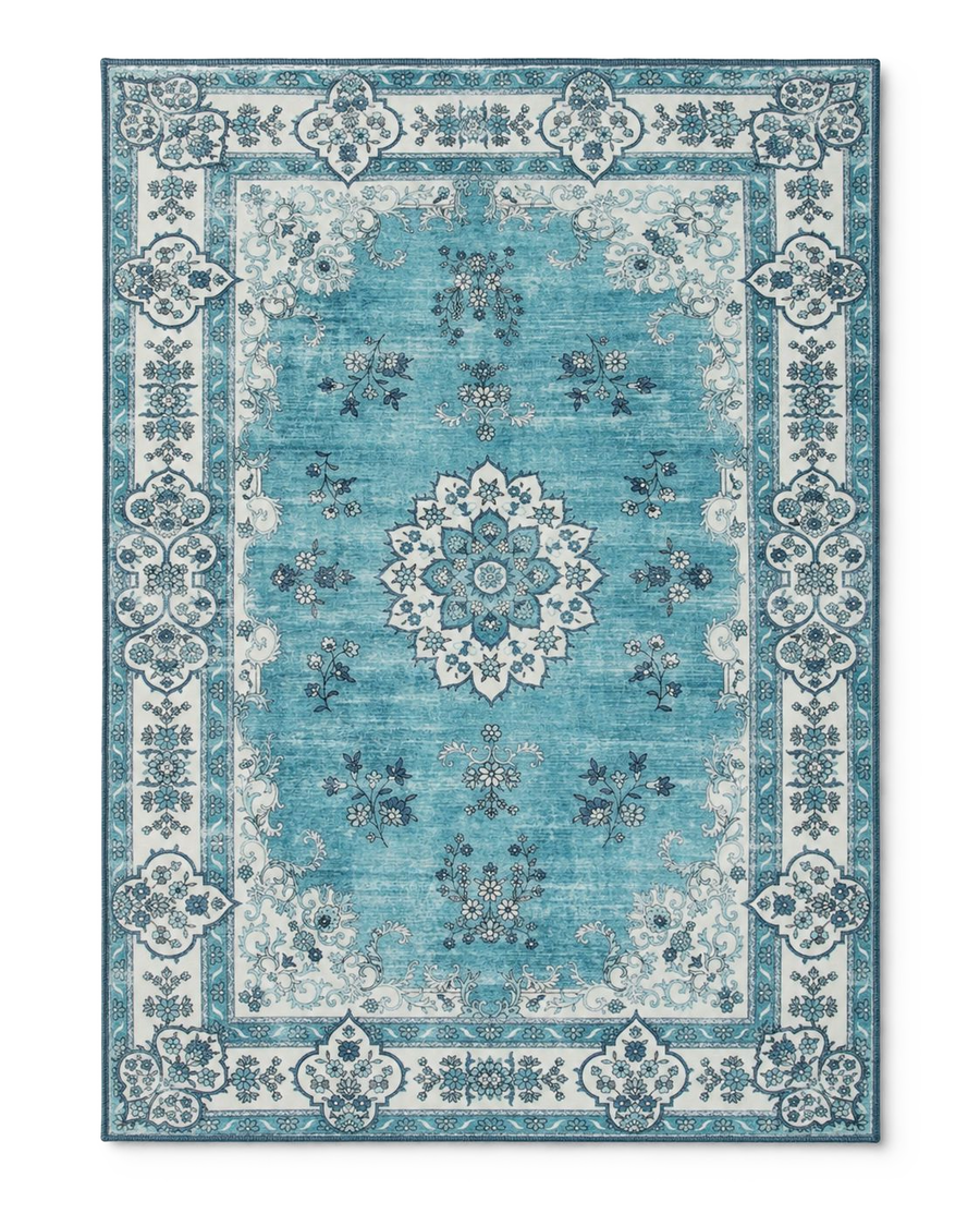 Tapis persan vintage turquoise, vue à plat