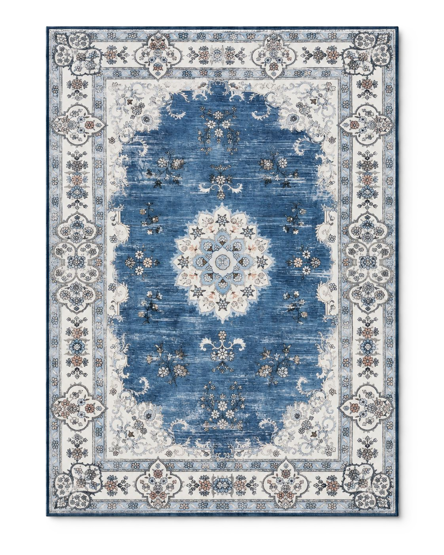 Tapis persan vintage bleu marine, vue à plat