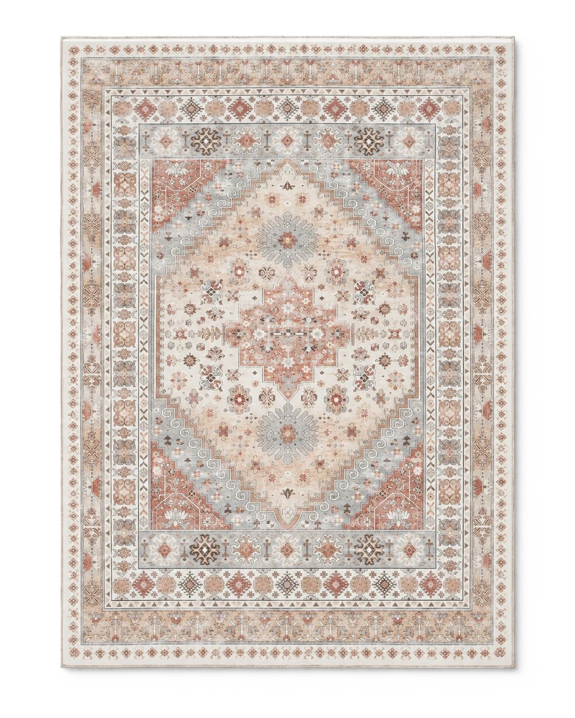 Tapis persan vintage beige et terracotta, vue à plat